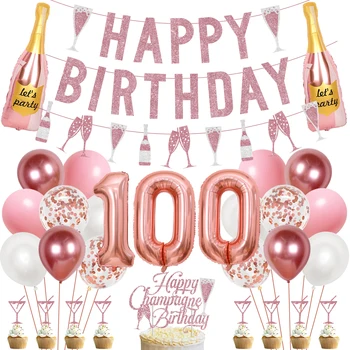 Украшения для 100-летия шампанского, Розовый баннер, топпер для торта, конфетти из розового золота, воздушные шары для женщин, сказочные принадлежности для Дня рождения