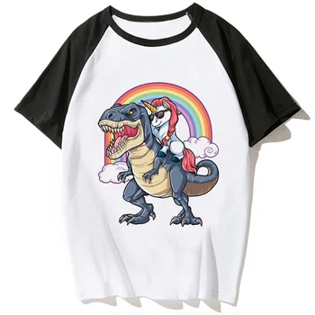 Футболка с динозавром и единорогом для верховой езды, женская уличная одежда в стиле харадзюку, футболка с рисунком аниме для девочек, одежда в стиле харадзюку