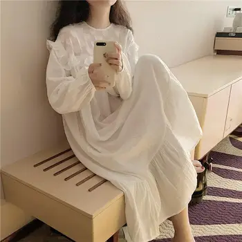 Хлопковое платье Принцессы QWEEK, Женская Белая Длинная Ночнушка, Весенне-летняя Пижама с принтом сердца, Корейская стильная Дышащая мягкая одежда для комнаты