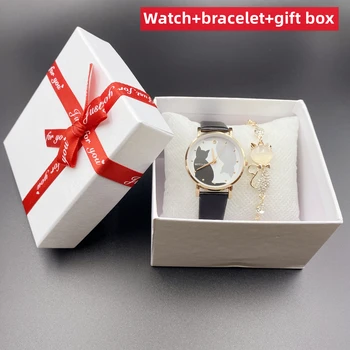 часы для детей Детский Набор Часов Студенческие Модные Кожаные часы с кошачьим циферблатом Часы для девочек Детские Кварцевые часы в подарок с коробкой