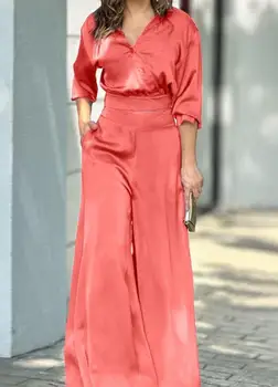 Элегантный женский комплект из двух предметов, весна 2023, блузка с рюшами и длинными рукавами и широкие брюки, комплект для офиса, повседневный комплект для поездок на работу