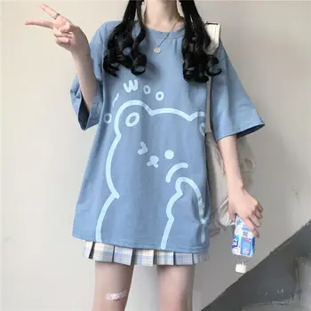 Японская Повседневная летняя футболка с короткими рукавами и рисунком из мультфильма, Свободная мягкая футболка для студенток, милый Универсальный свободный топ в стиле колледжа, новинка