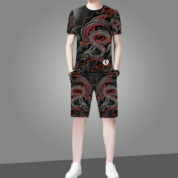 2021 новая футболка с 3D принтом дракона + шорты, комплект из 2 предметов, повседневная мужская футболка с круглым вырезом, костюм, модная мужская одежда