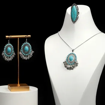 Бирюзовое инкрустированное ожерелье, серьги, кольцо, набор из трех предметов, набор ювелирных изделий из древнего тибетского серебра Hanfu, женский