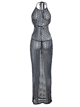 Женское Прозрачное кружевное пляжное платье с завязывающимся вырезом на бретельках и без рукавов - Стильная сетчатая накидка для бикини