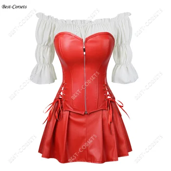 Красное Корсетное платье, Готическая рубашка с открытыми плечами, Корсет в стиле Стимпанк с Платьем, Корсетная юбка из искусственной кожи, классный наряд для девочек